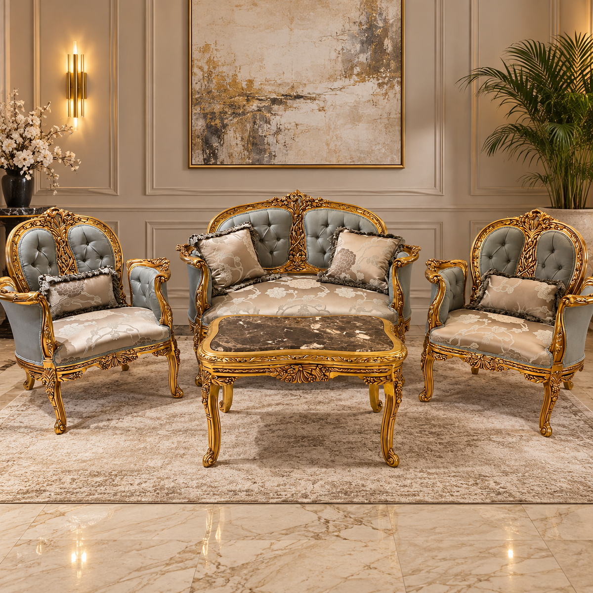Luxury French Louis XV Style Living Room Set – Sofa, 2 Armchairs & Gilded Marble-Top Coffee Table