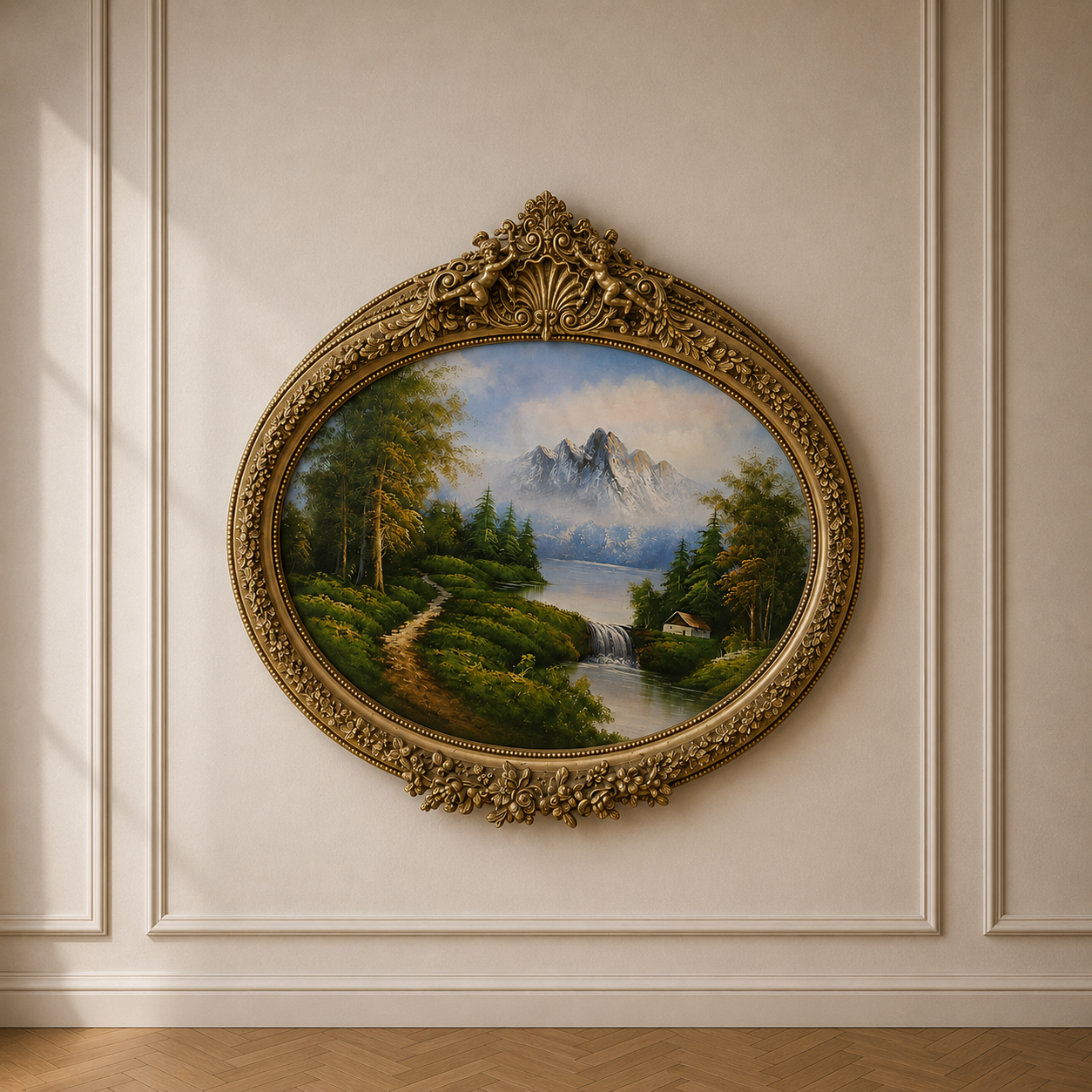 French-Style Oval Landscape Painting with Gold Leaf Frame & Cherub Details – Elegant Nature Wall Art