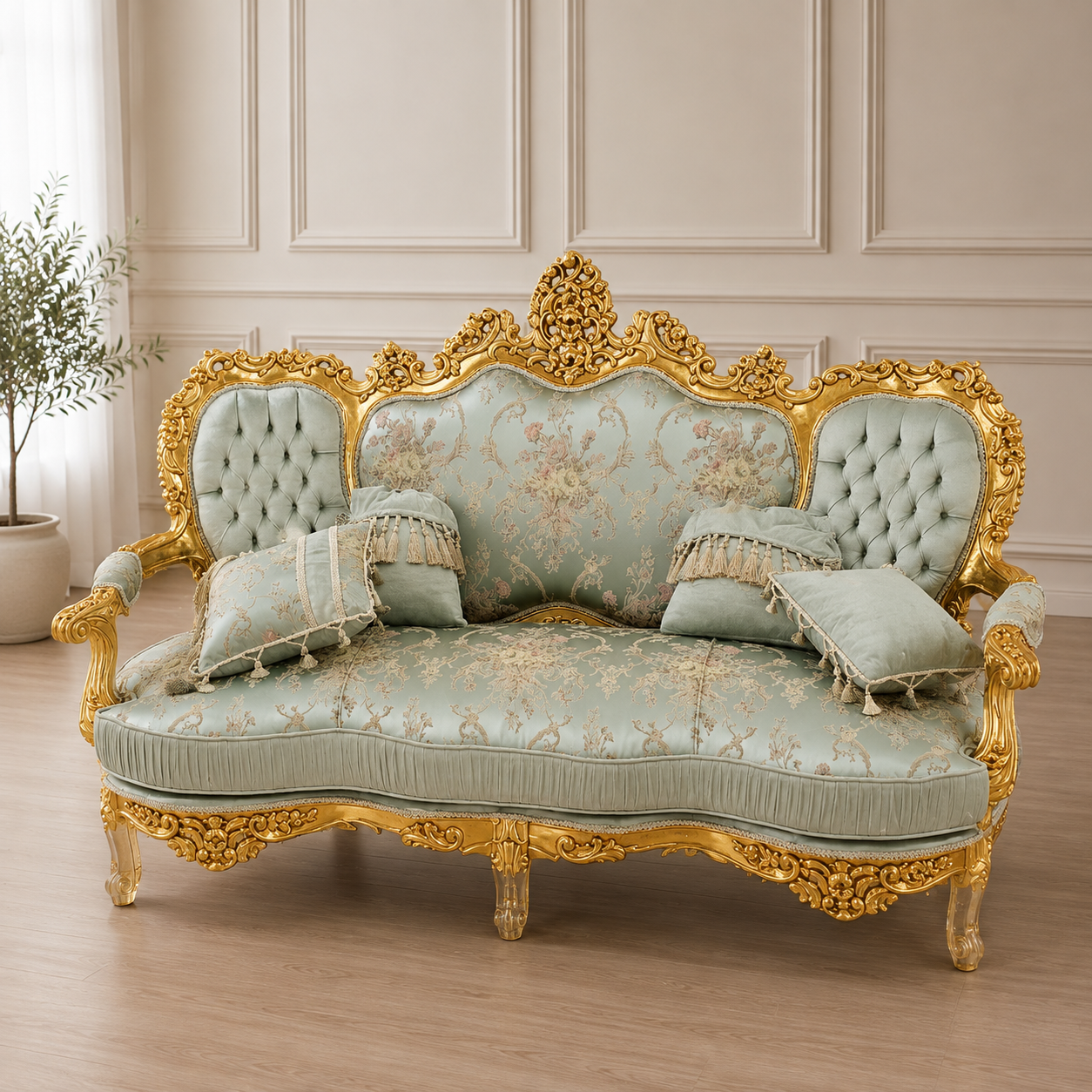 French Rococo Sky Blue Sofa – Ornate Gilded Frame with Elegant Damask Upholstery & Decorative Pillows