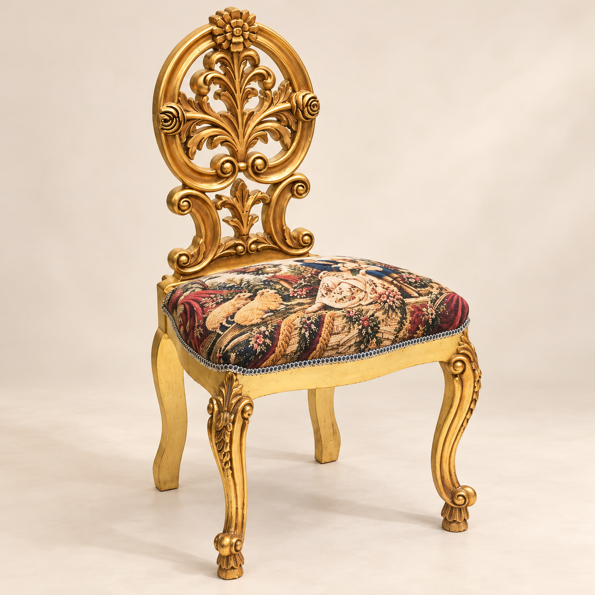 Set of 2 French Rococo-Inspired Accent Chairs – Gold Leaf Frames, Sculpted Floral Crests & Pastoral Tapestry Upholstery