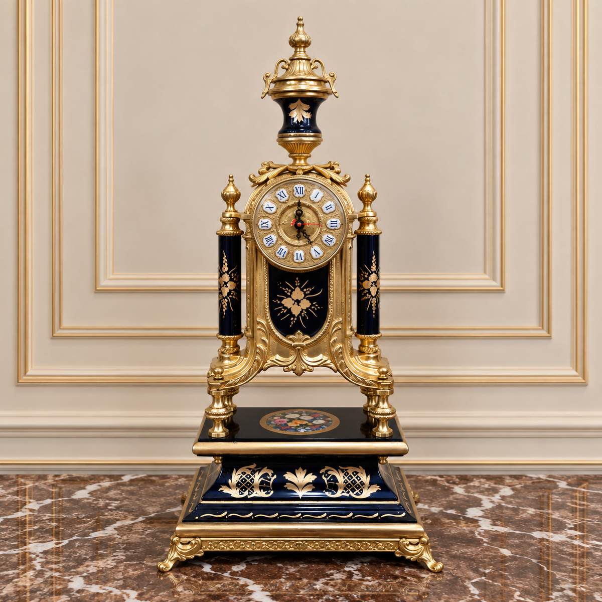 French-Style Porcelain Clock & Candelabra Set – Gilded Bronze, Gold Leaf & Cobalt Blue Details