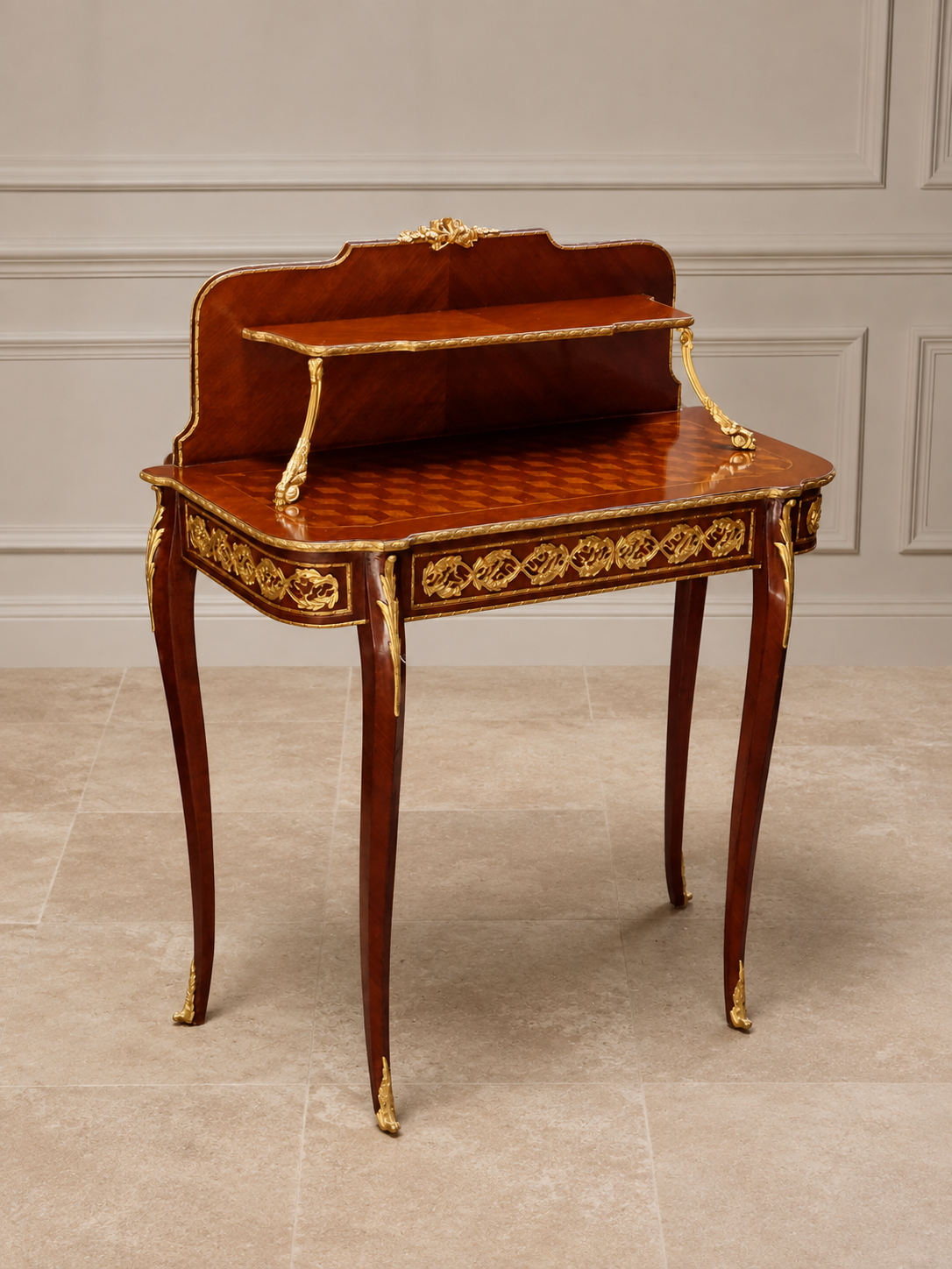 Louis XV Style Writing Table – Double-Tier Design with Marquetry & Gilded Details