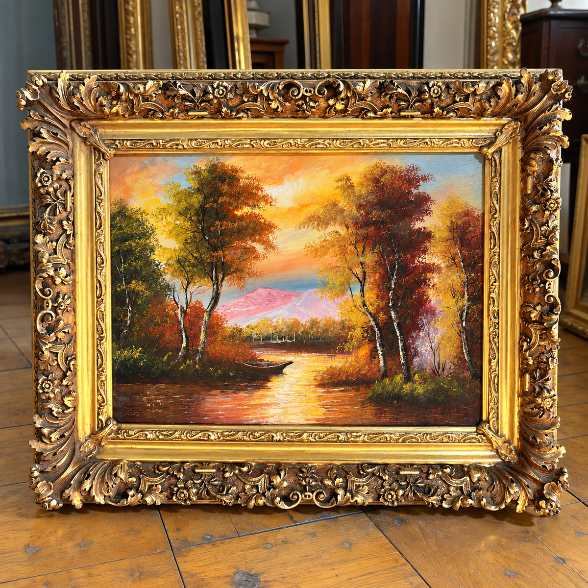 Ornate Landscape Painting – Golden Sunset Over a Lake with Sculpted Gold Leaf Frame