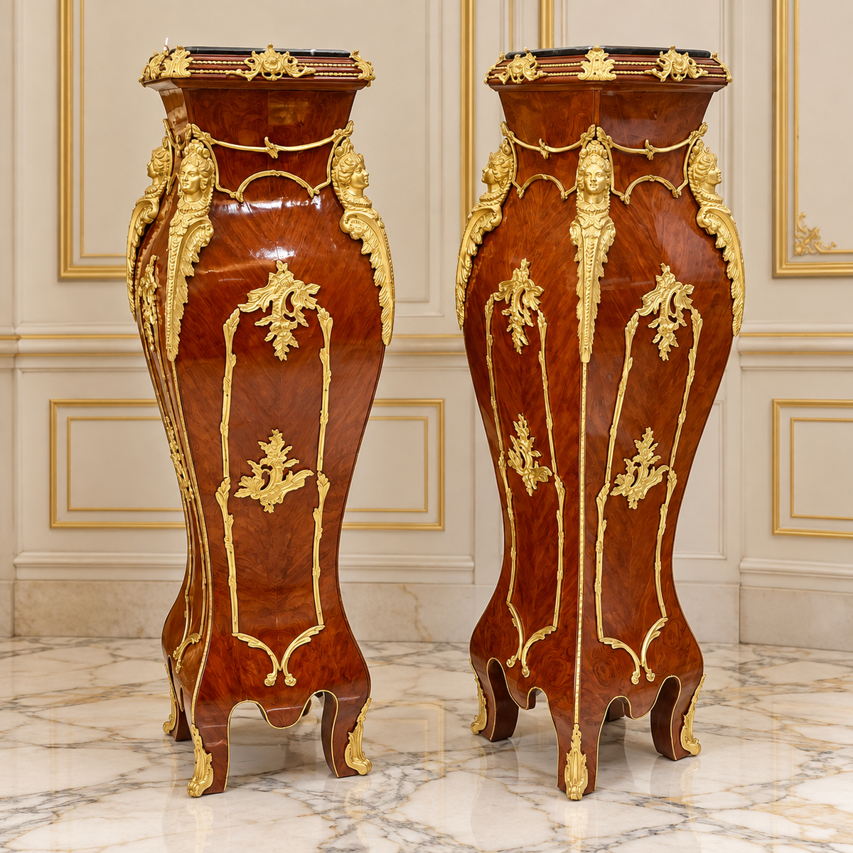 French Rococo-Inspired Pedestal Columns – Ornate Bronze, Gold Leaf & Decorative Marble Tops