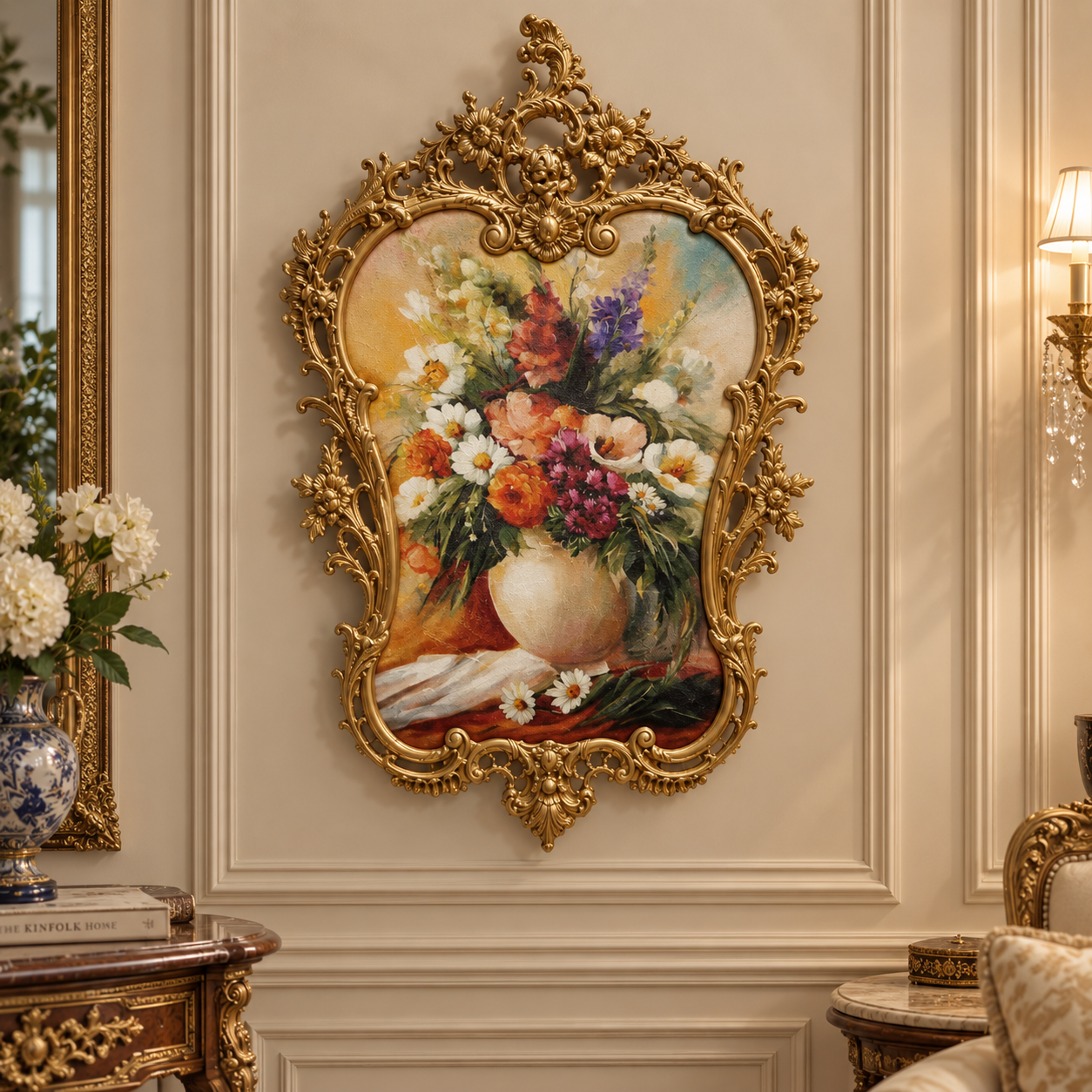 Ornate French Rococo Floral Wall Art – Vibrant Bouquet Painting with Elaborate Gold Leaf Frame