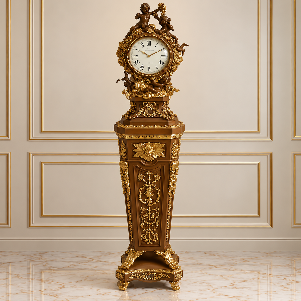 Grand French Louis XVI-Inspired Pedestal Clock – Brown Finish with Gold Leaf, Bronze Details & Sculpted Cherub Crest