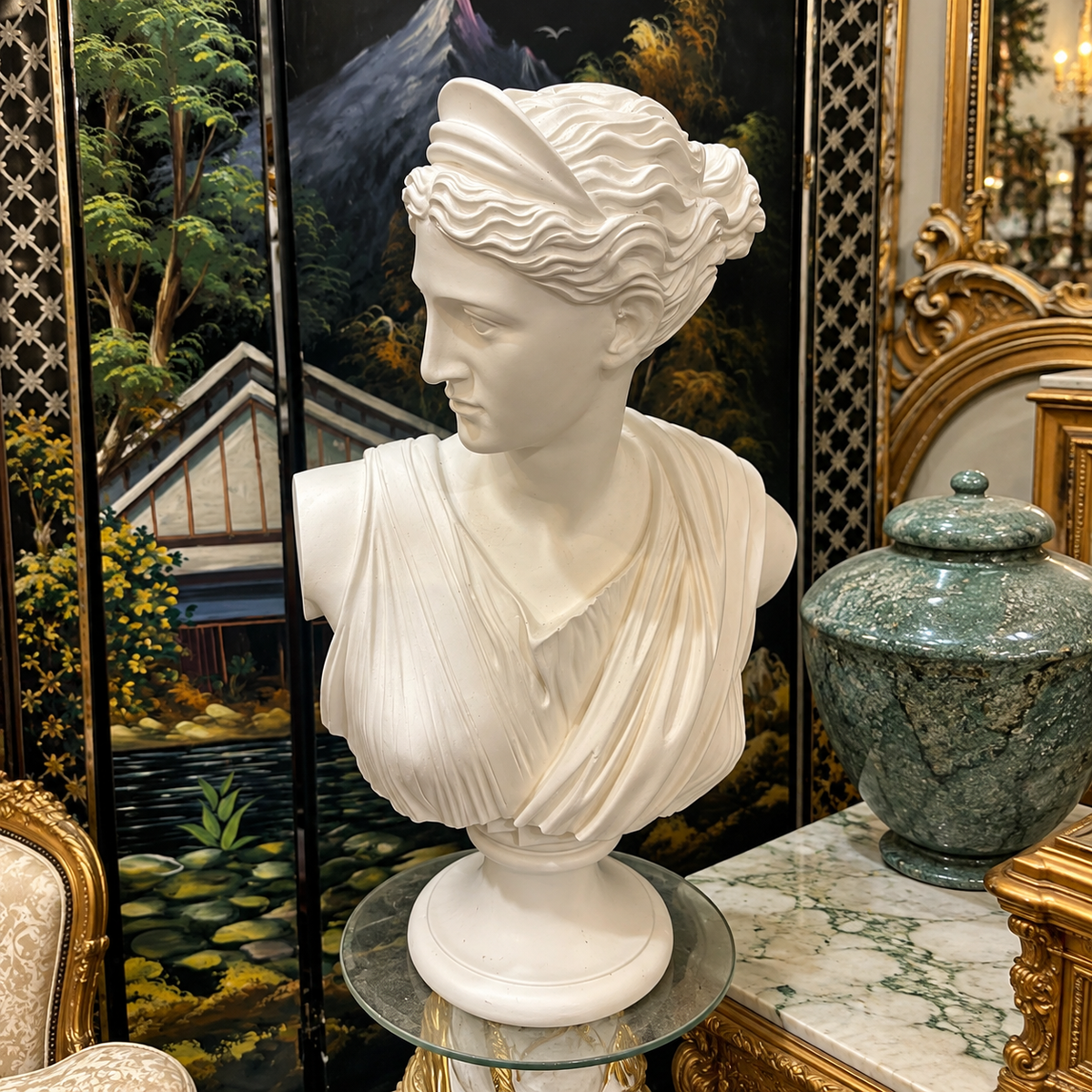 Classical Marble Bust of Apollo – White Sculptural Figure with Flowing Hair and Draped Robes