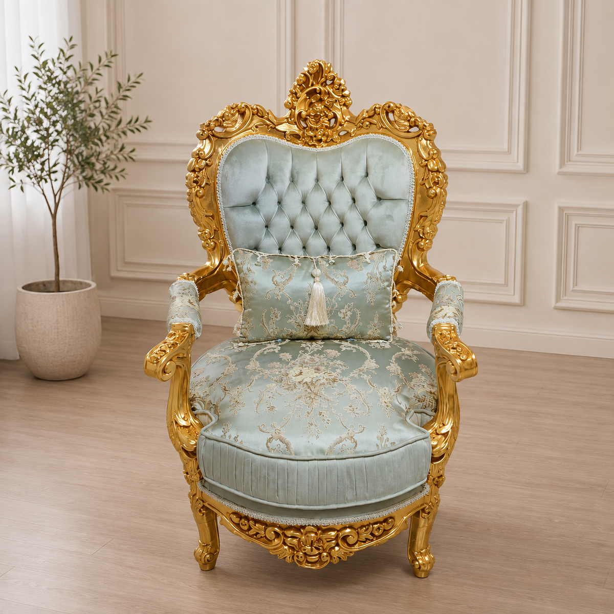 Luxury French Louis XV Armchair – Sky Blue Damask Upholstery with Gold Leaf Frame & Tufted Back