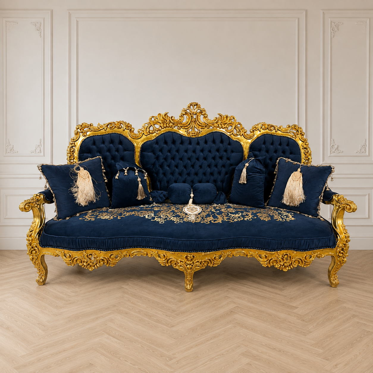 French Baroque Style Navy Blue Velvet Settee – Ornate Gold Leaf Frame with Accent Pillows