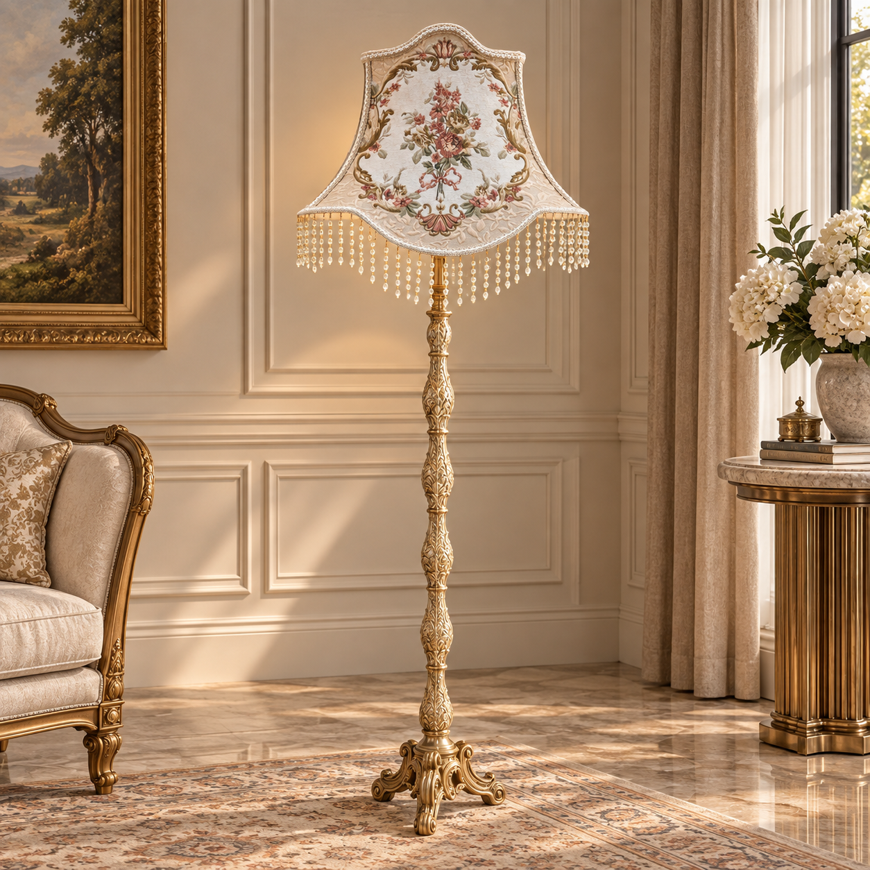 French-Style Gilded Floor Lamp – Ornate Gold Leaf Stand with Floral Embroidered Shade & Crystal Fringe