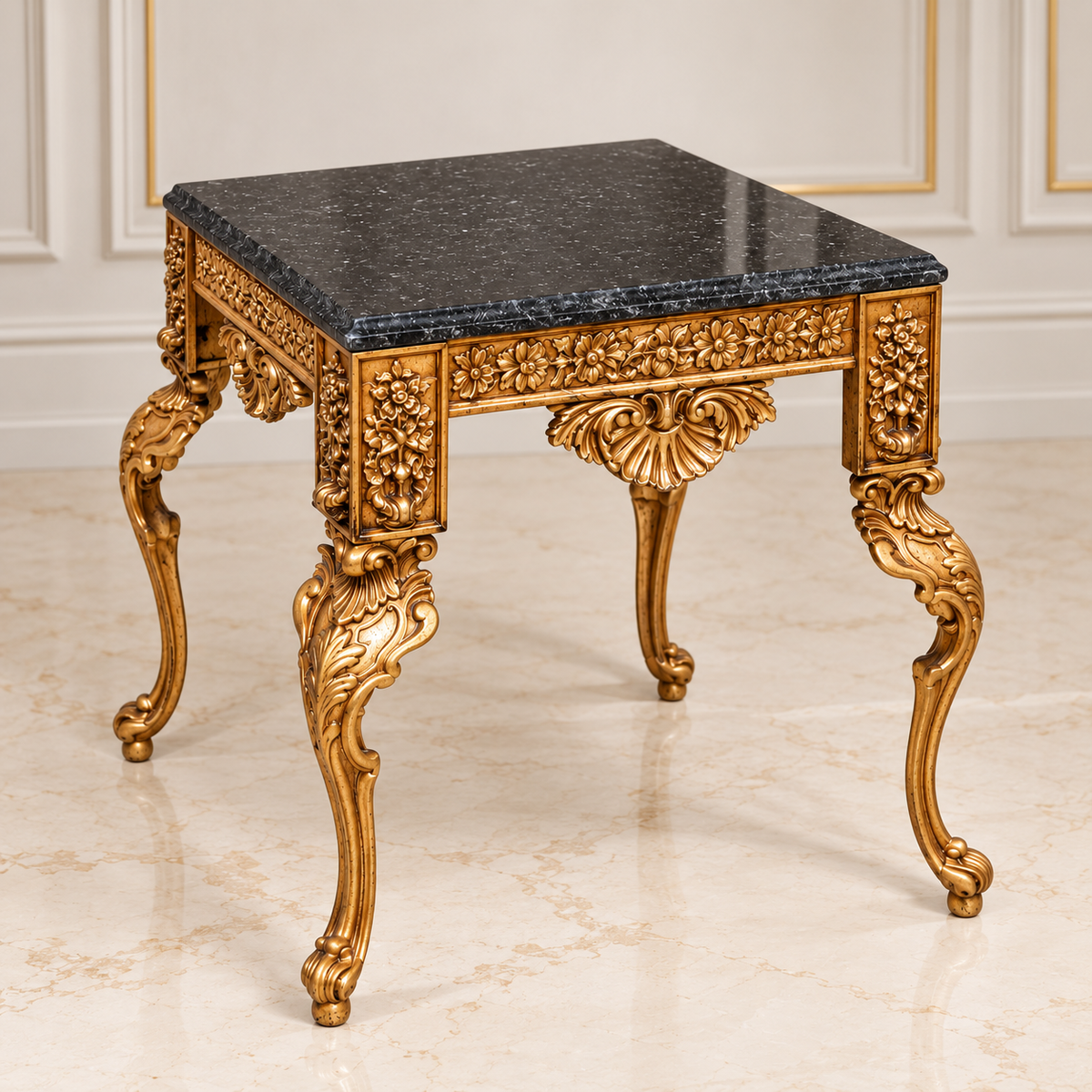 French-Style Gilded Side Table – Square Black Marble Top with Ornate Gold Leaf Details