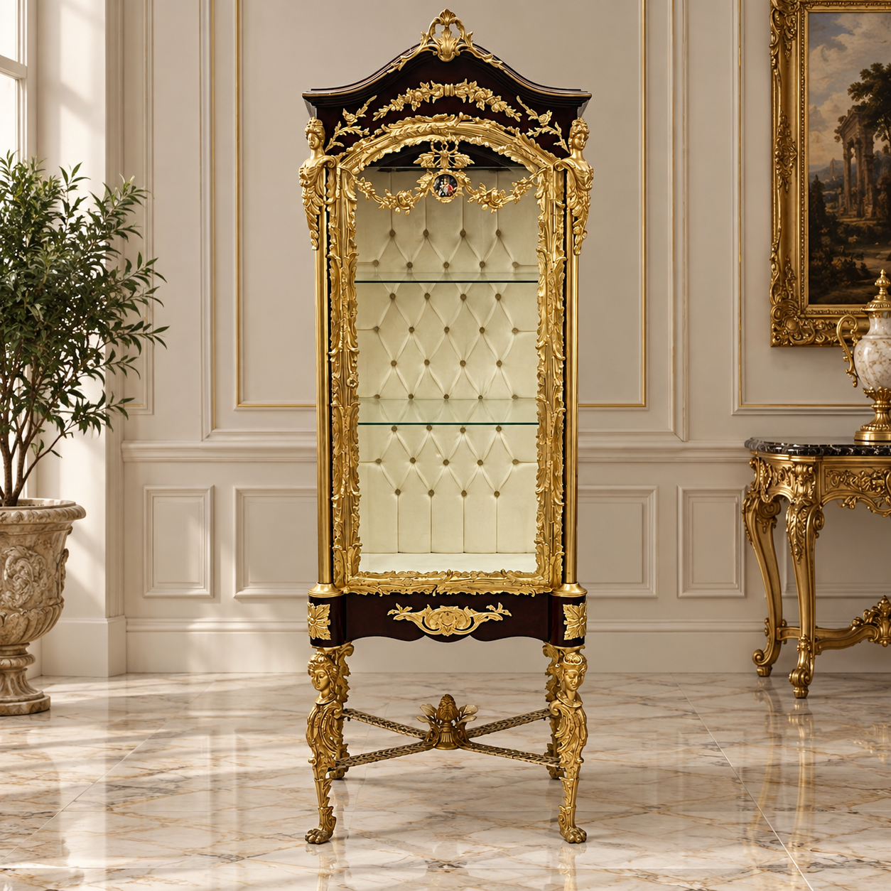 Opulent French-Style Vitrine Cabinet – Gilded Gold Leaf Details, Tufted Interior & Glass Shelves