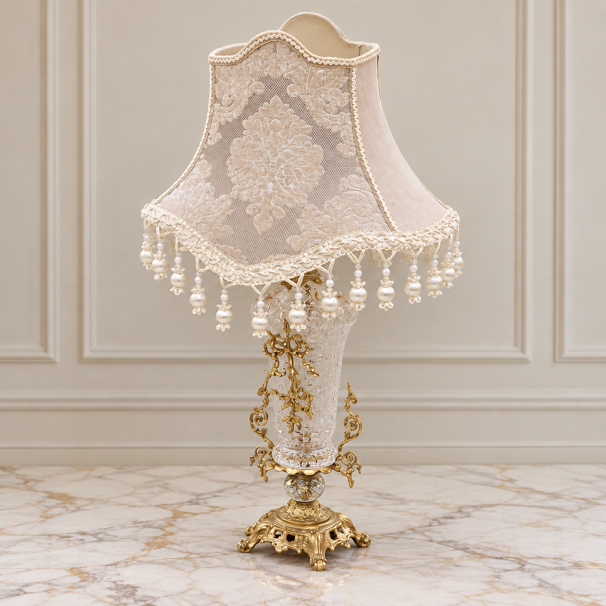 French-Style Crystal Table Lamp – Ornate Gold Leaf Base with Elegant Hanging Crystal Accents