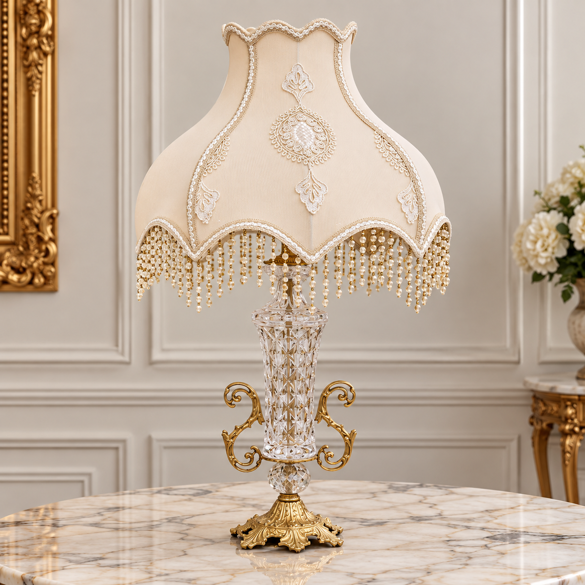 Elegant French Crystal Table Lamp – Ornate Gilded Base & Decorative Beaded Fringe Shade