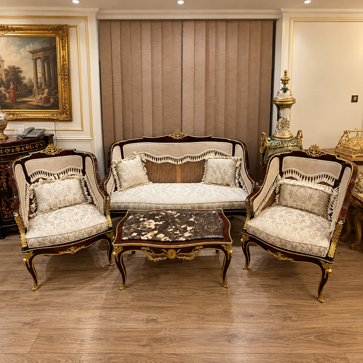 French Louis XV Living Room Set – Damask Sofa, 2 Armchairs & Marble-Top Coffee Table with Gold Leaf Details