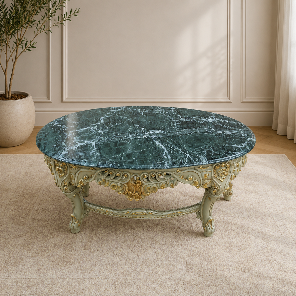 Luxury French Rococo Coffee Table – Sky Blue Frame with Gold Leaf Details & Marble Top