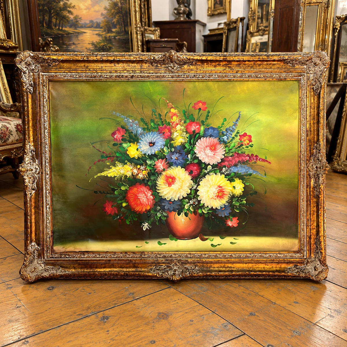 Colorful Floral Still Life Painting – Vibrant Flower Bouquet in an Ornate Gold Leaf Frame