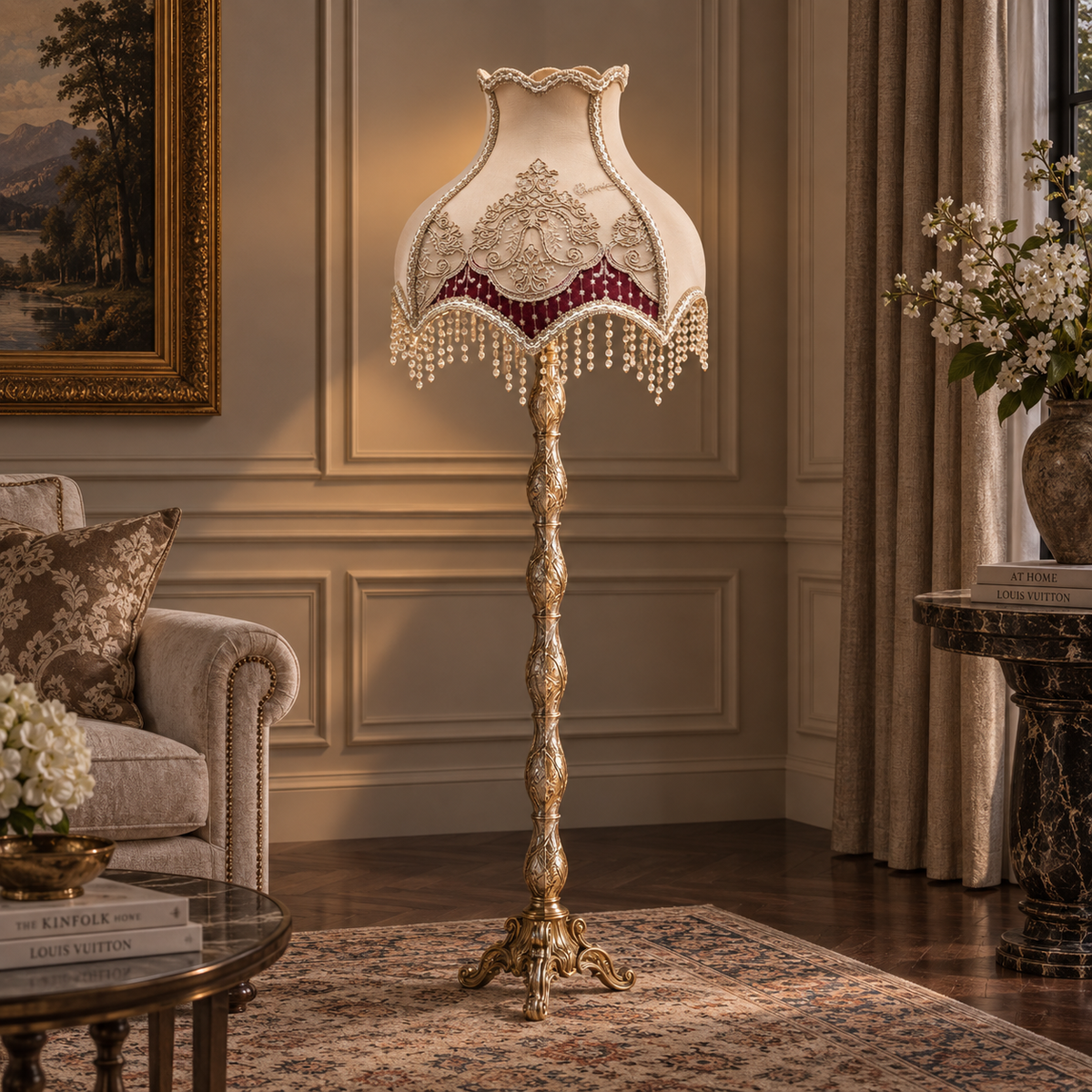 French-Style Gilded Floor Lamp – Ornate Gold Leaf Stand with Embroidered Burgundy & Ivory Shade
