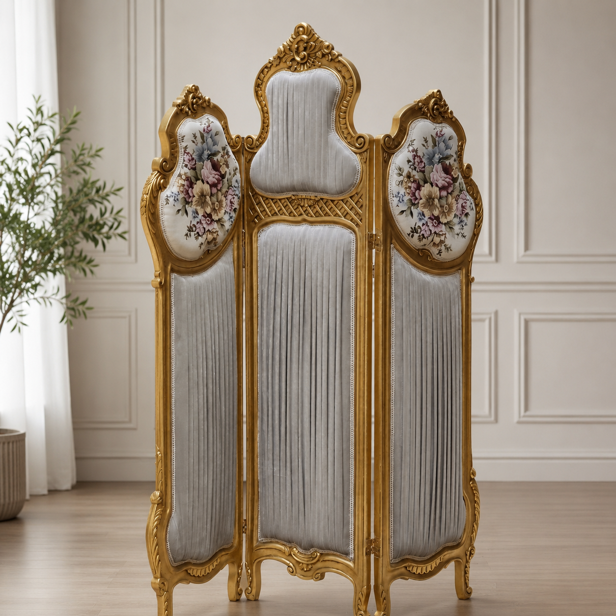 French Louis XV Style Gold Leaf Dressing Screen – Light Gray Floral Upholstered Room Divider