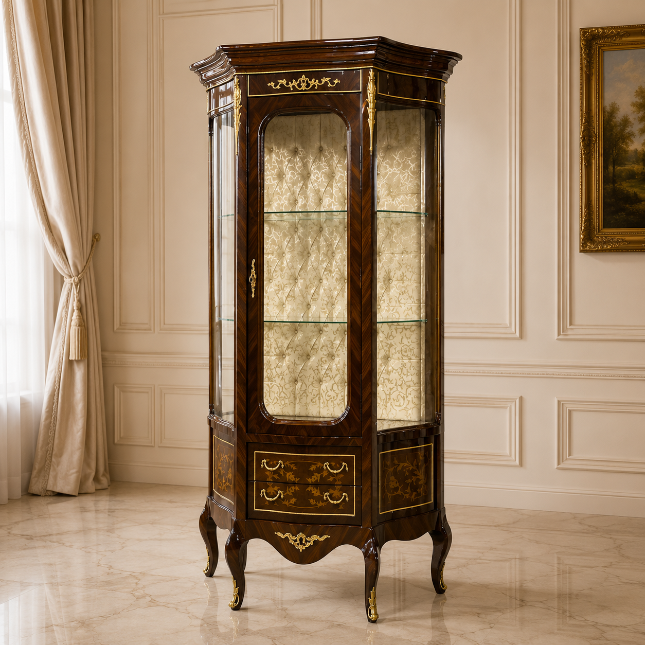 Grand French Louis XV Style Vitrine Cabinet – Ornate Wood Display Case with Gold Leaf, Glass & Velvet Interior
