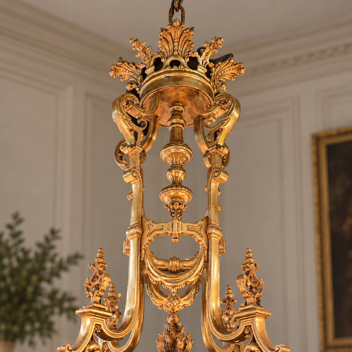 Grand French Rococo Chandelier – Ornate Bronze Frame with Gold Leaf & 10-Light Design