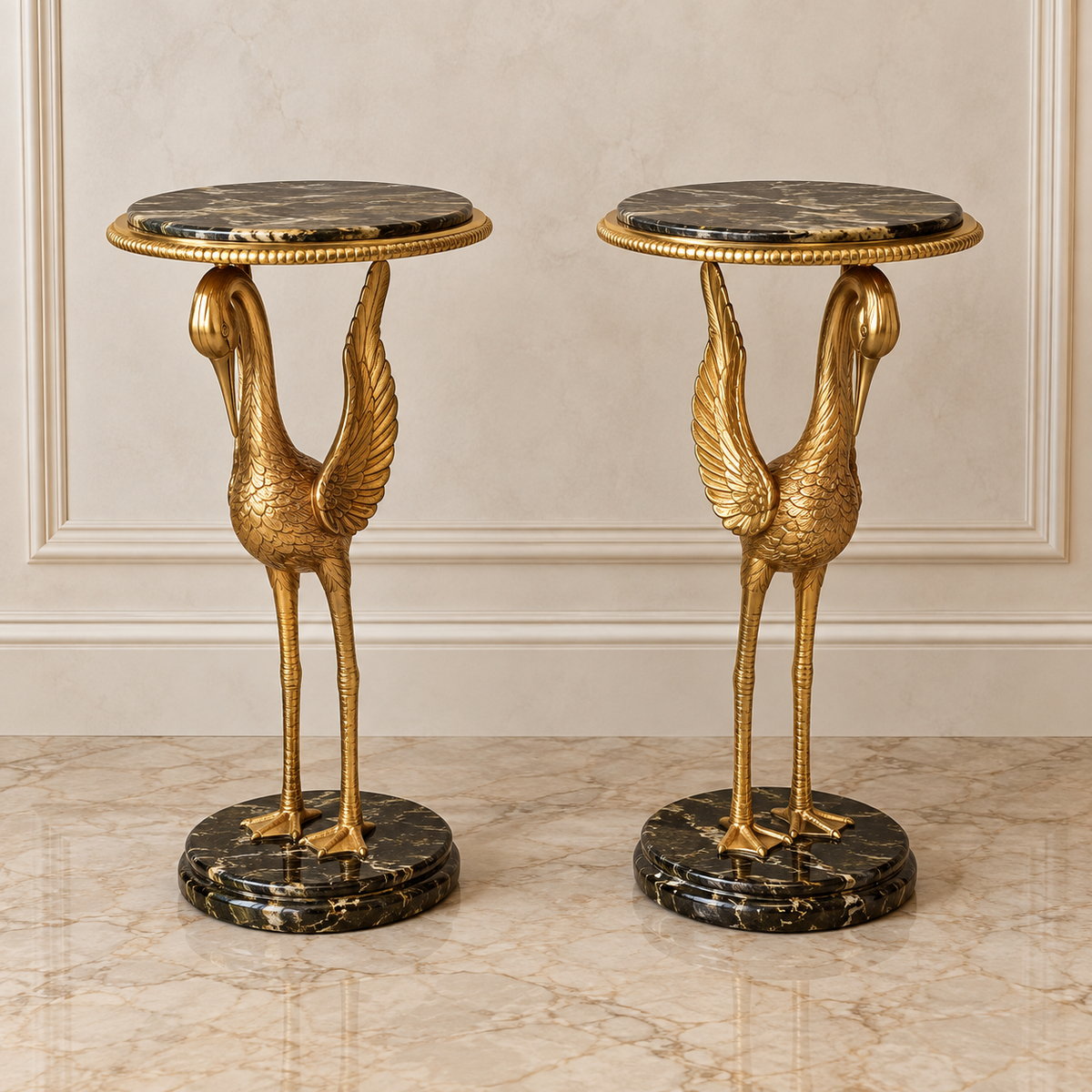 French-Inspired Swan Side Tables – Set of 2 with Marble Tops, Gold Leaf & Sculptural Bird Bases