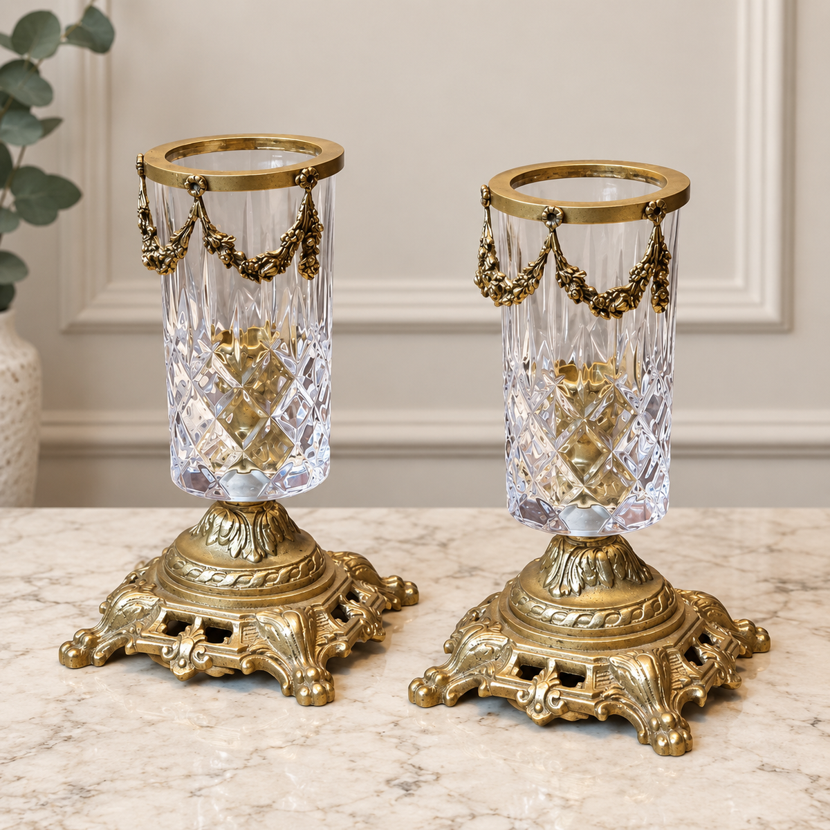 French-Style Crystal Hurricane Candle Holders – Set of 2 with Gold Leaf & Ornate Bronze Details