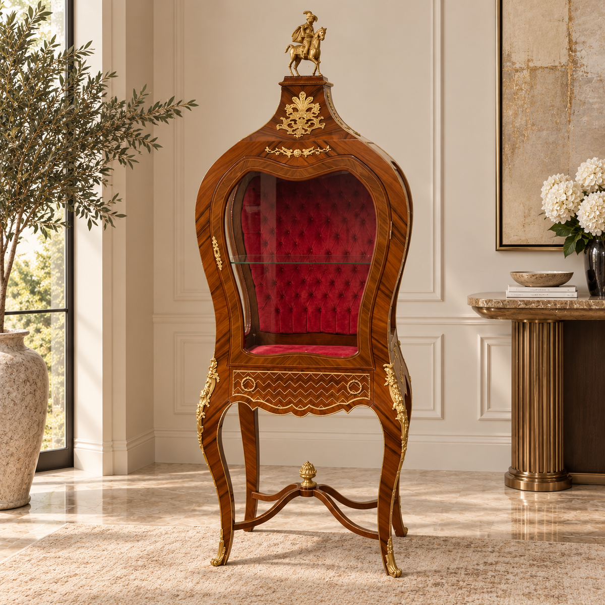 Rococo-Style Wooden Display Vitrine – Red Tufted Velvet Interior, Gold Leaf & Bronze Details