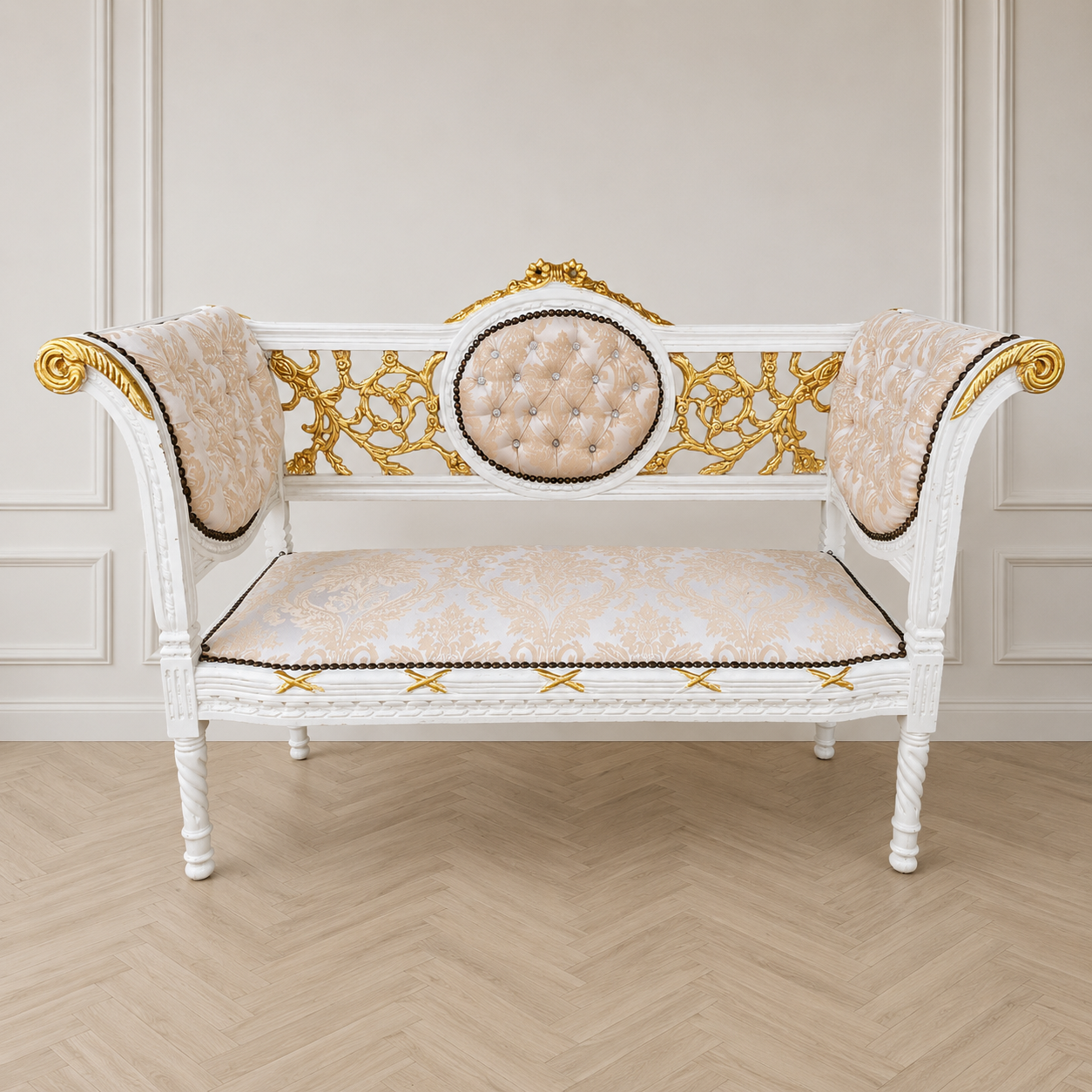 French Louis XVI Style White Settee with Gold Leaf Details – Tufted Damask Upholstered Loveseat