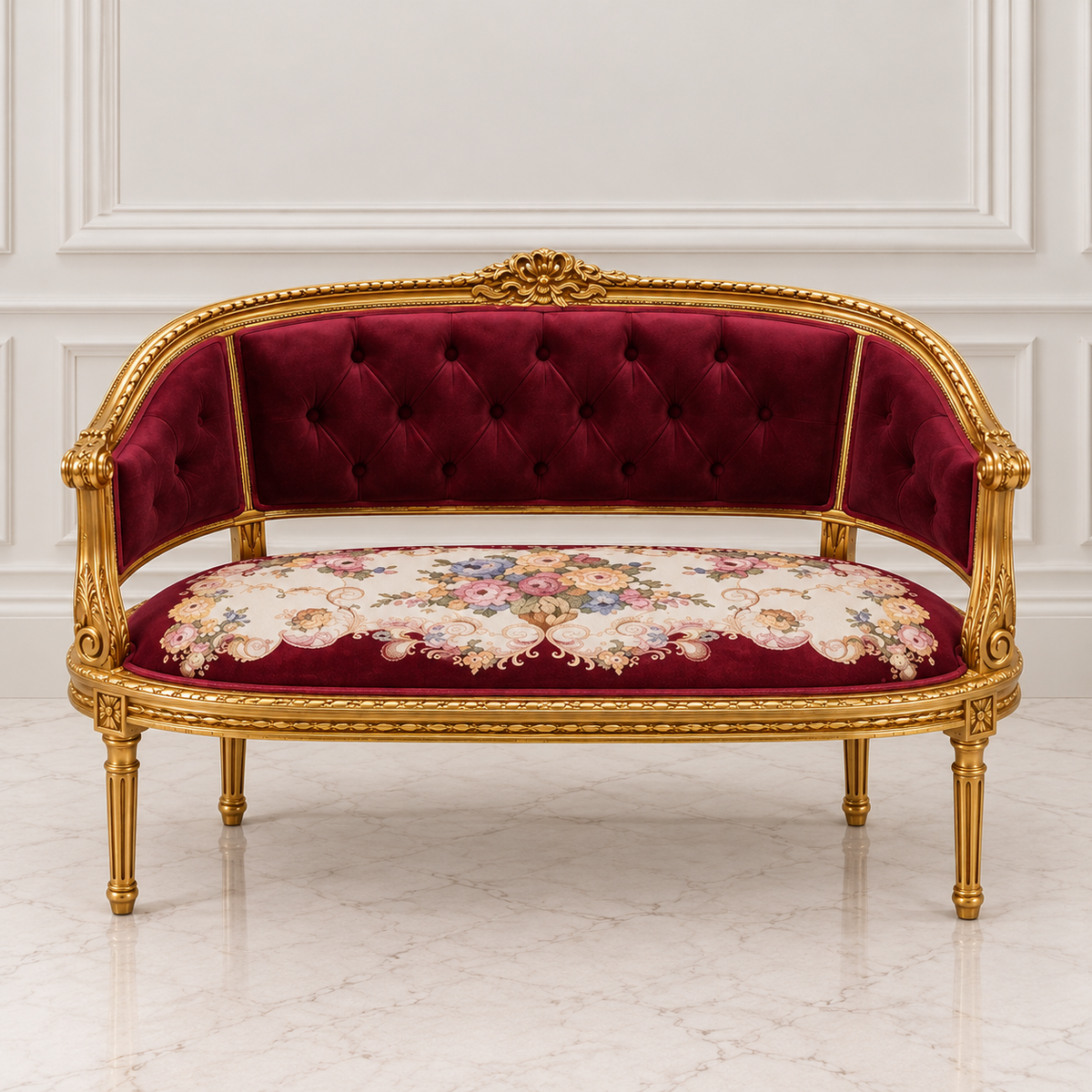 French Louis XVI Style Sofa – Burgundy Tufted Velvet, Floral Upholstery & Ornate Gold Leaf Frame