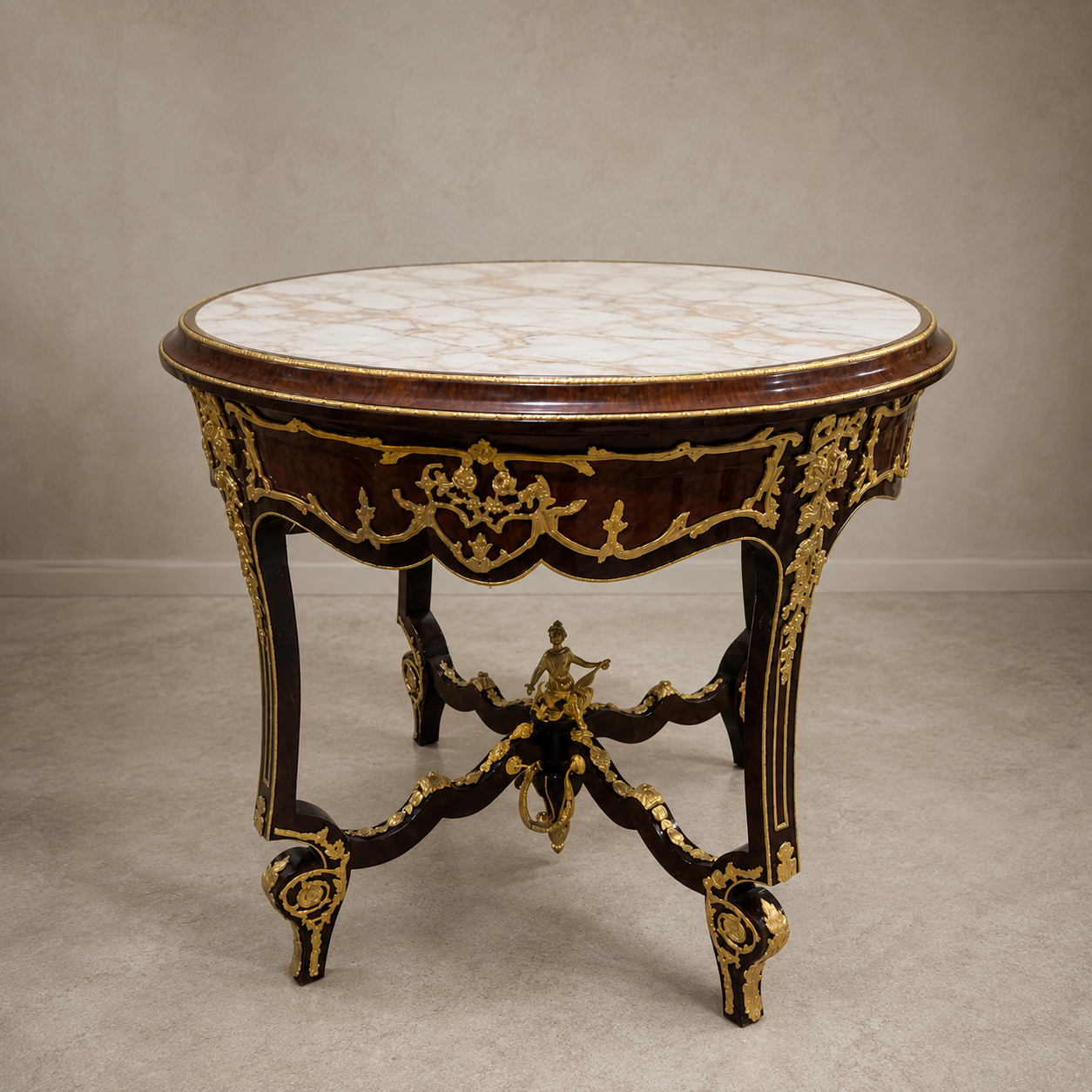 Elegant Italian Victorian Center Table – Gold Leaf Wood Base with Glass Top & Marble Look Design
