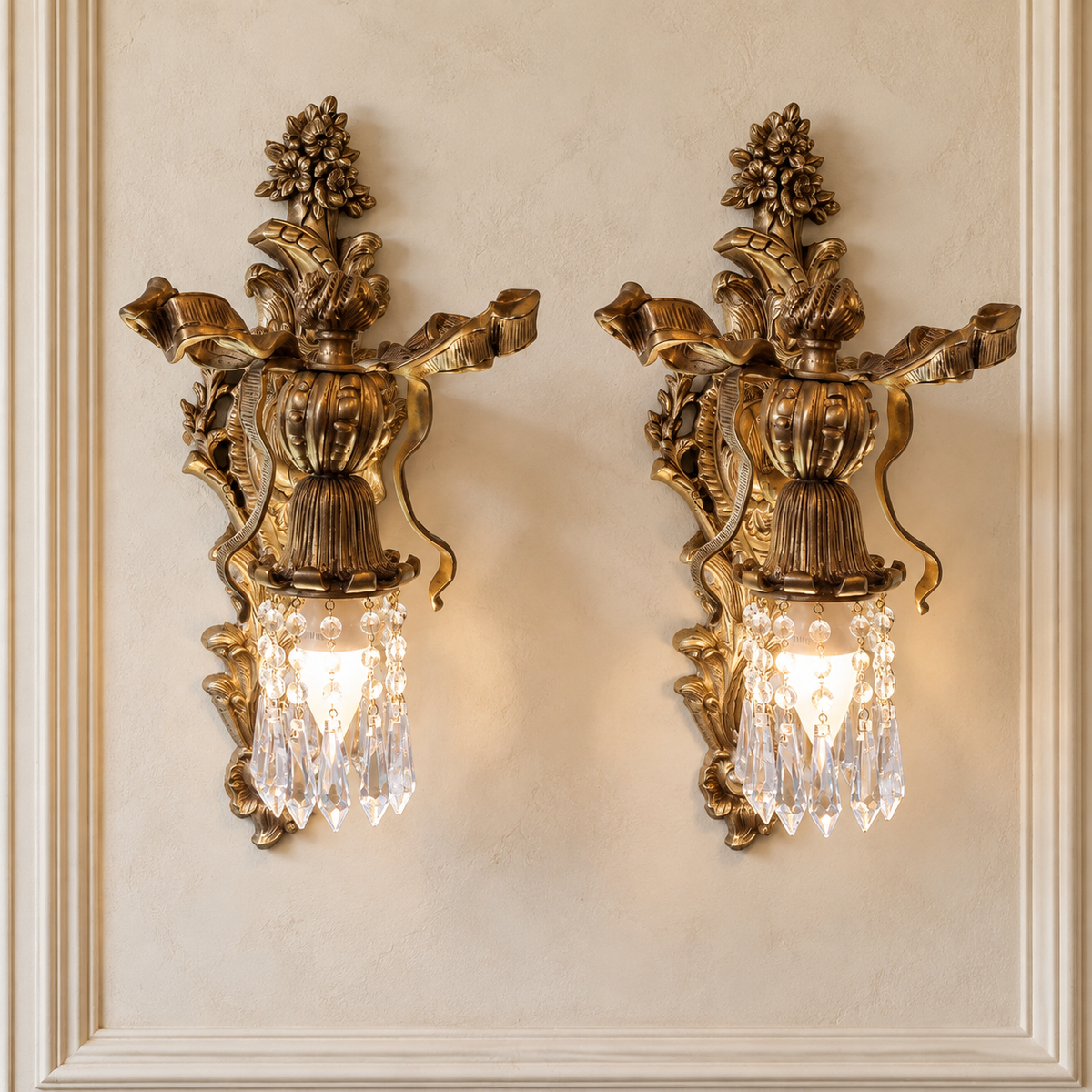 Luxury French-Style Crystal Sconces – Ornate Bronze & Gold Leaf with Hanging Crystal Drops