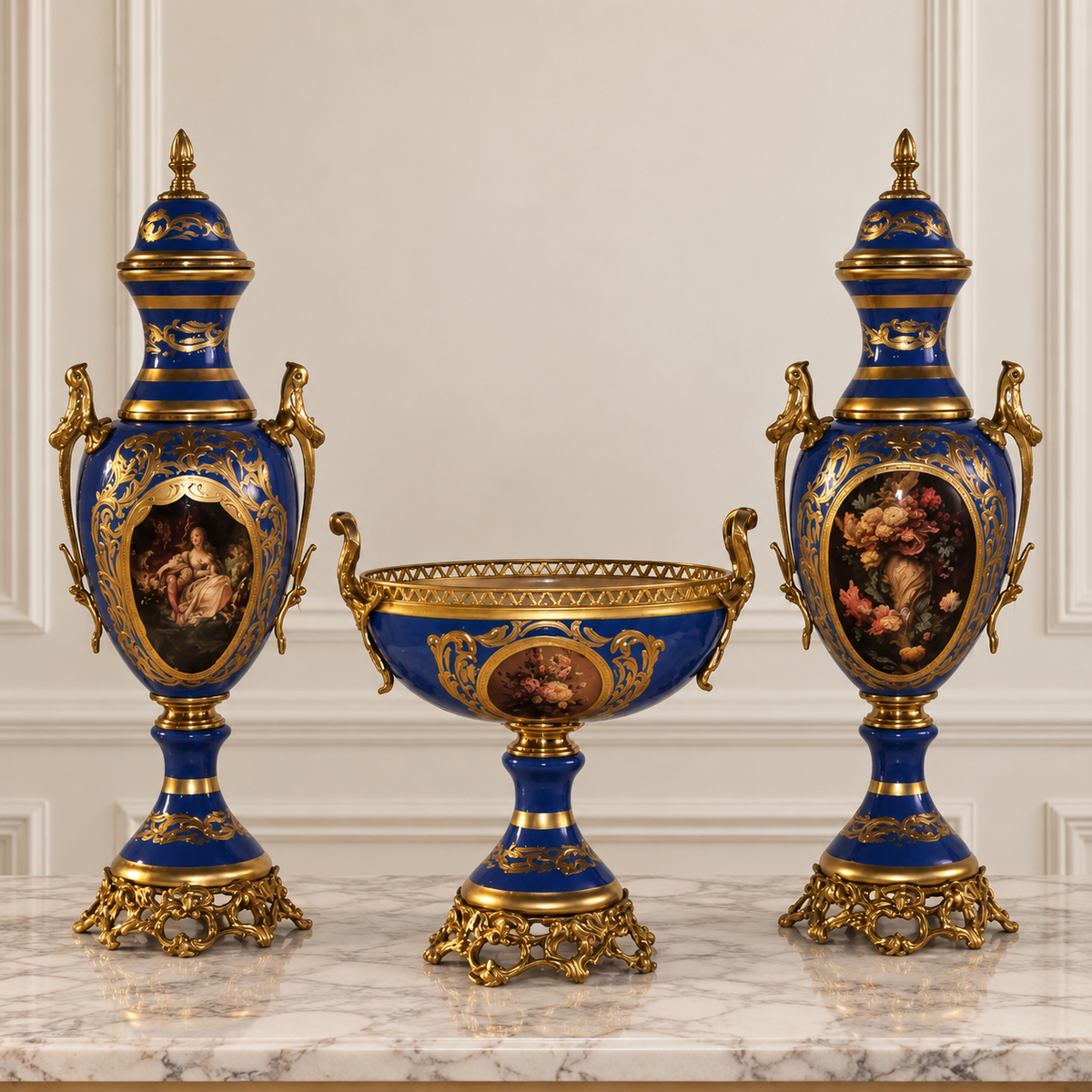 French Style Blue Porcelain Garniture Set with Two Covered Vases and Central Jardinière, Bronze and Gold Leaf Details