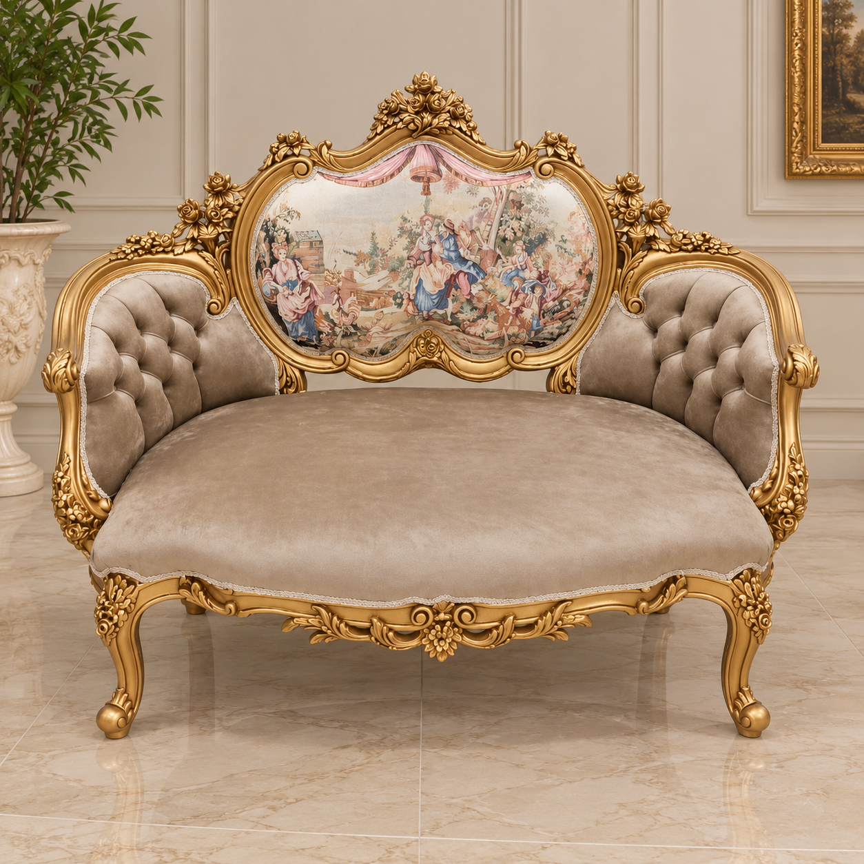 French Louis XV Style Settee – Hand-Gilded Gold Leaf Frame with Romantic Aubusson-Style Tapestry & Beige Velvet