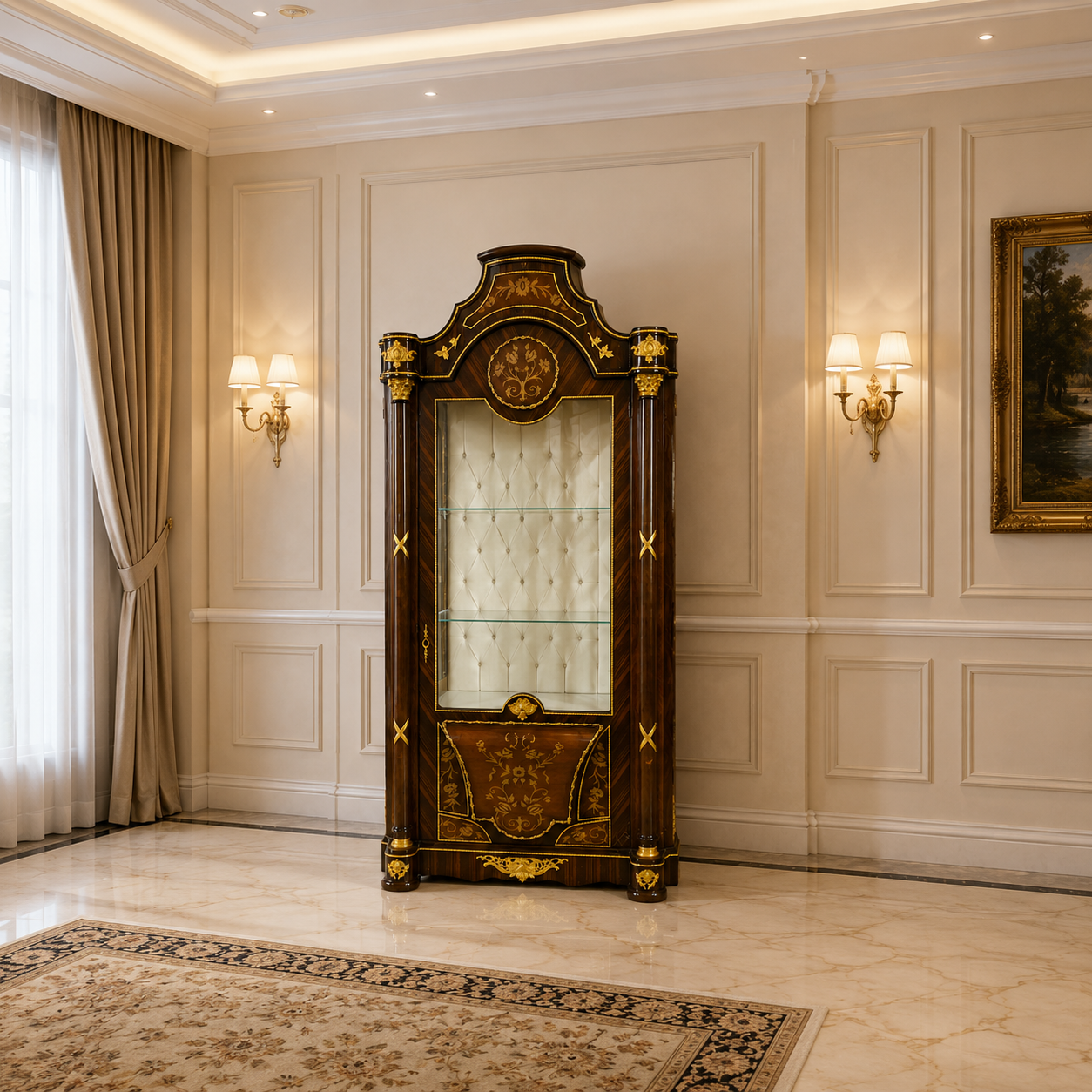 French Louis XV Style Grand Vitrine Cabinet – Ornate Solid Wood Display Case with Gold Details