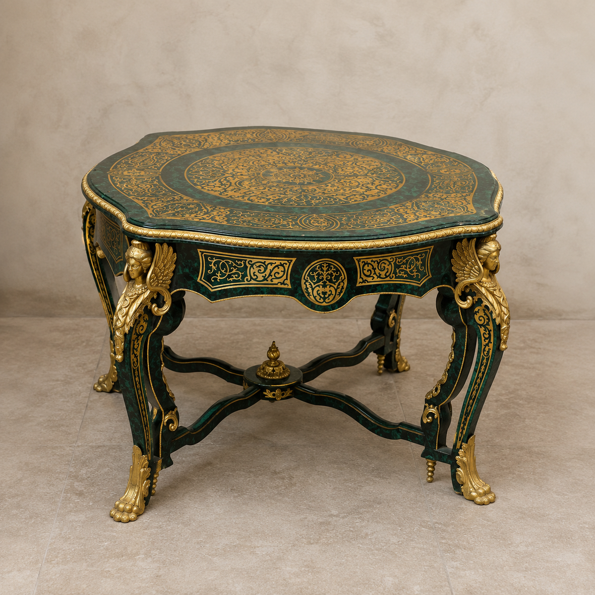 French Louis XV Bottle Green Center Table – Ornate Gold Leaf & Bronze Ormolu Details