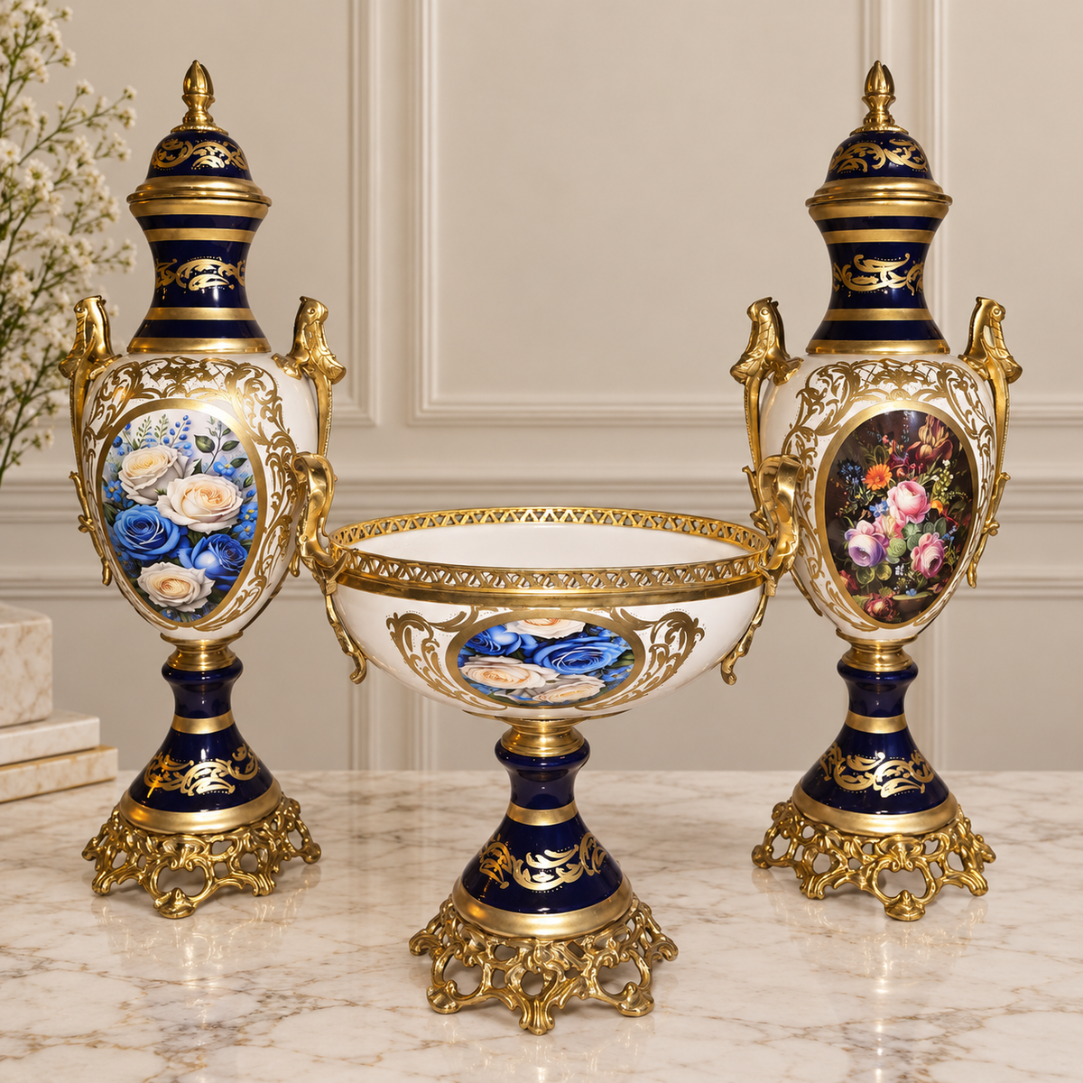 French Style Blue & White Porcelain Garniture Set with Two Covered Vases and Central Jardinière – Gold Leaf & Bronze