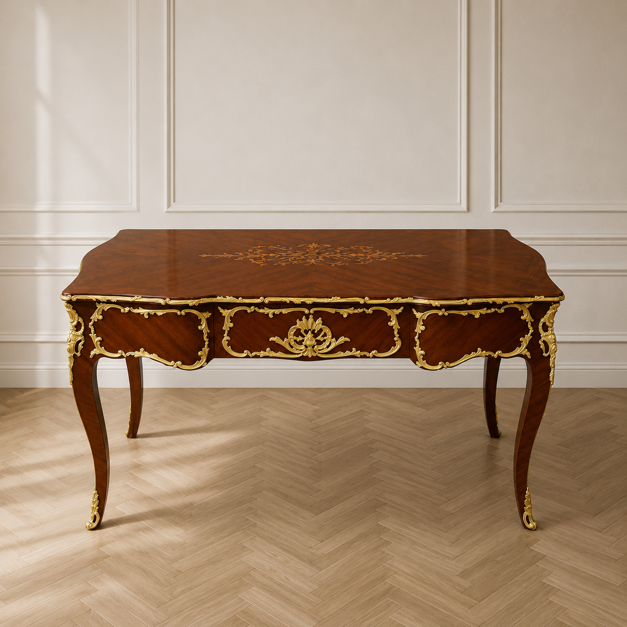 Regal French Writing Desk – Ornate Brown Console with Intricate Gilt Detailing