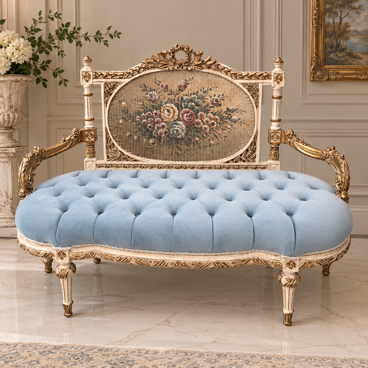 French Louis XVI Style Tufted Settee – Sky Blue Velvet with Gold Leaf Frame & Decorative Tapestry Panel