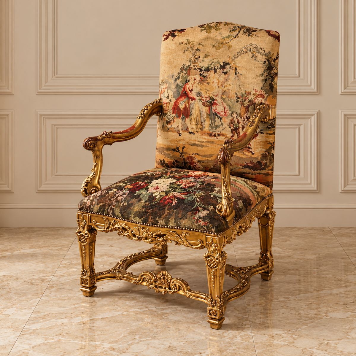 French-Style Ornate Armchair – Scenic Damask Upholstery with Carved Gold Leaf Frame