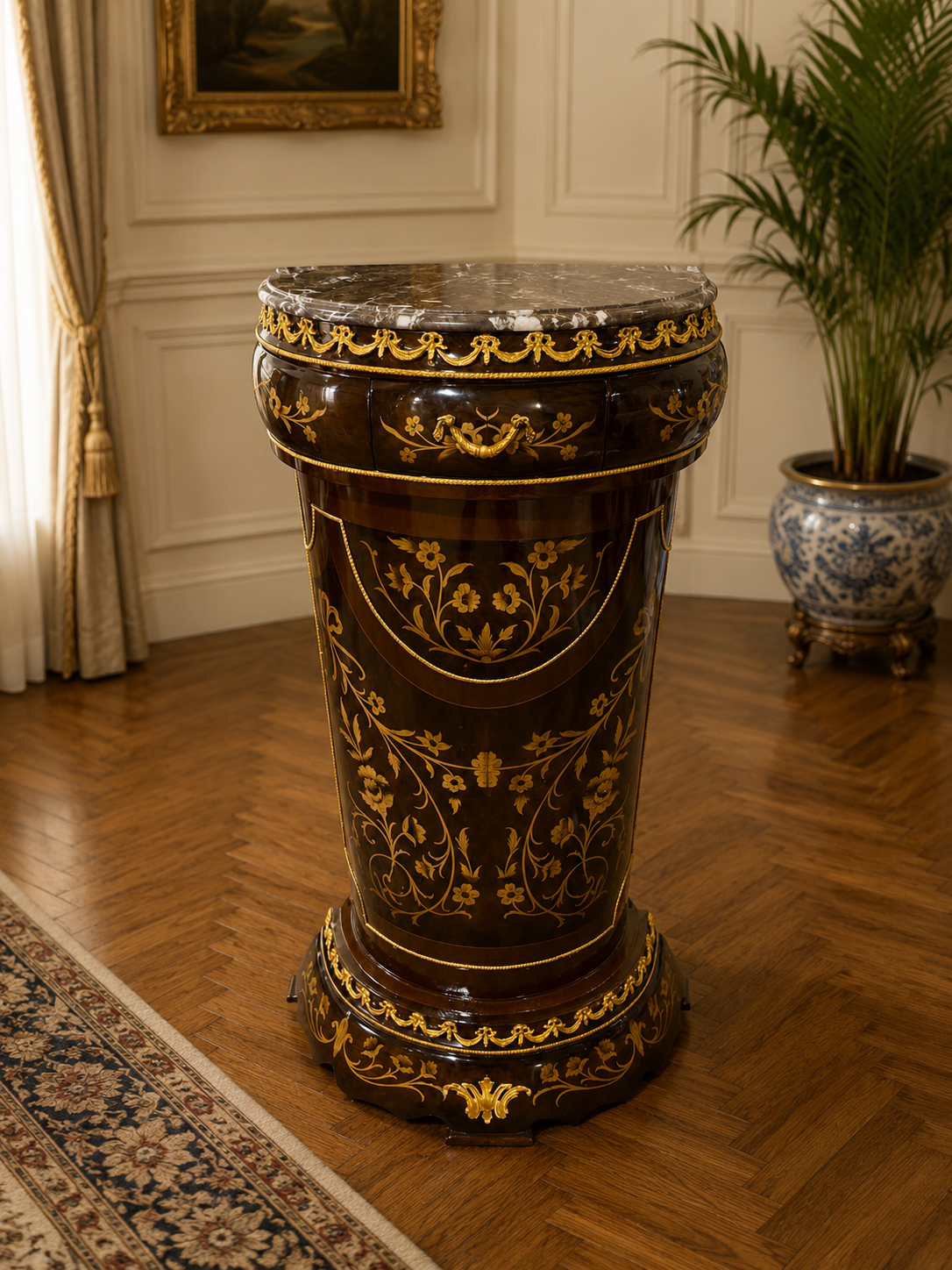French Louis XV Pedestal Stand – Marble Top, Hand-Painted Details & Gold Leaf Accents
