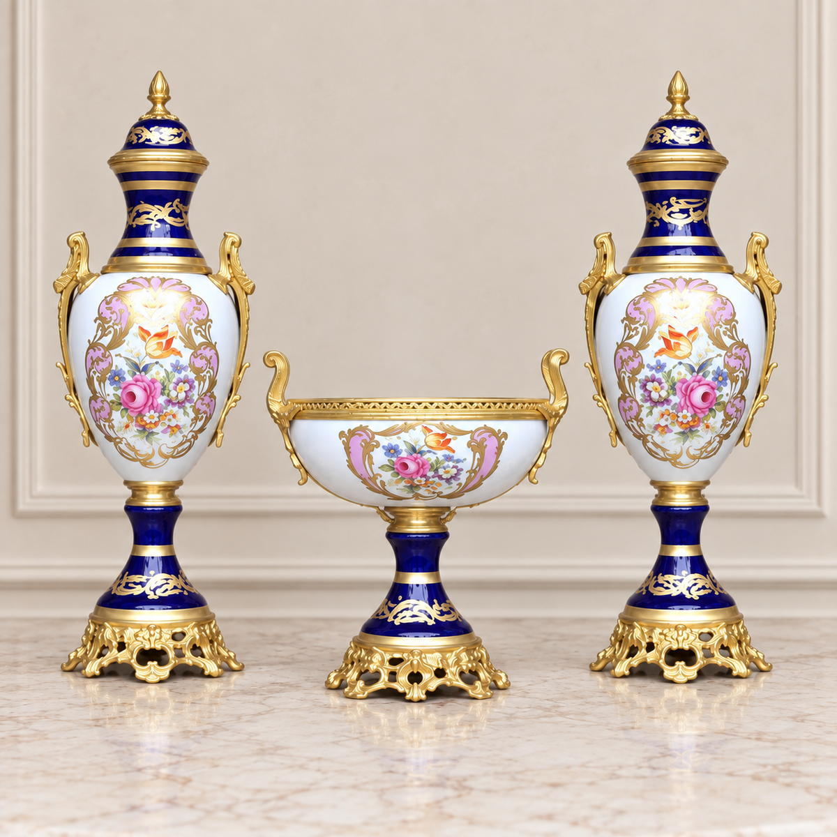 French Style Three-Piece Porcelain Garniture Set with Two Covered Vases and Central Jardinière, Gold Leaf and Bronze Details
