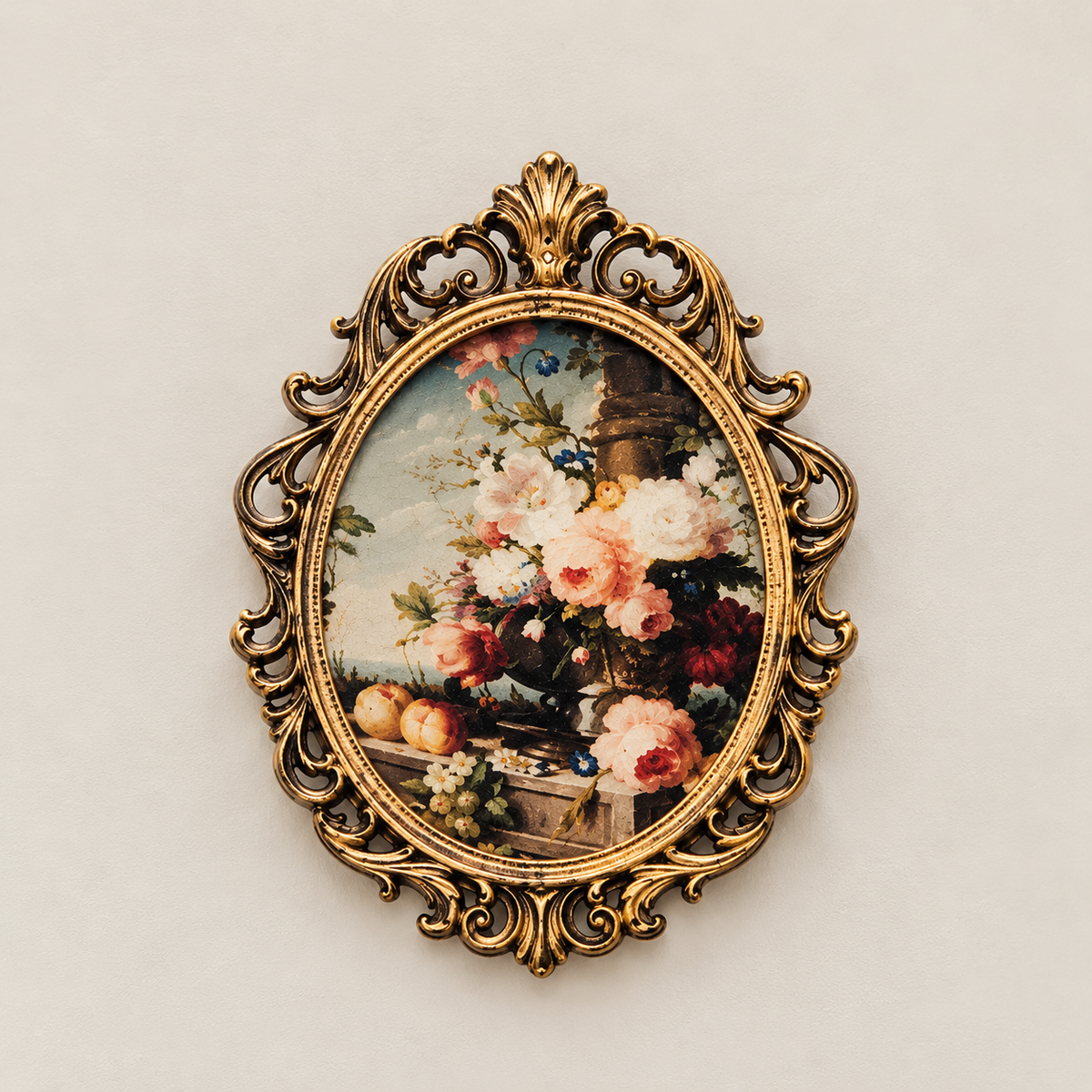 French-Style Decorative Wall Plate – Floral Still Life with Ornate Gold Leaf Frame