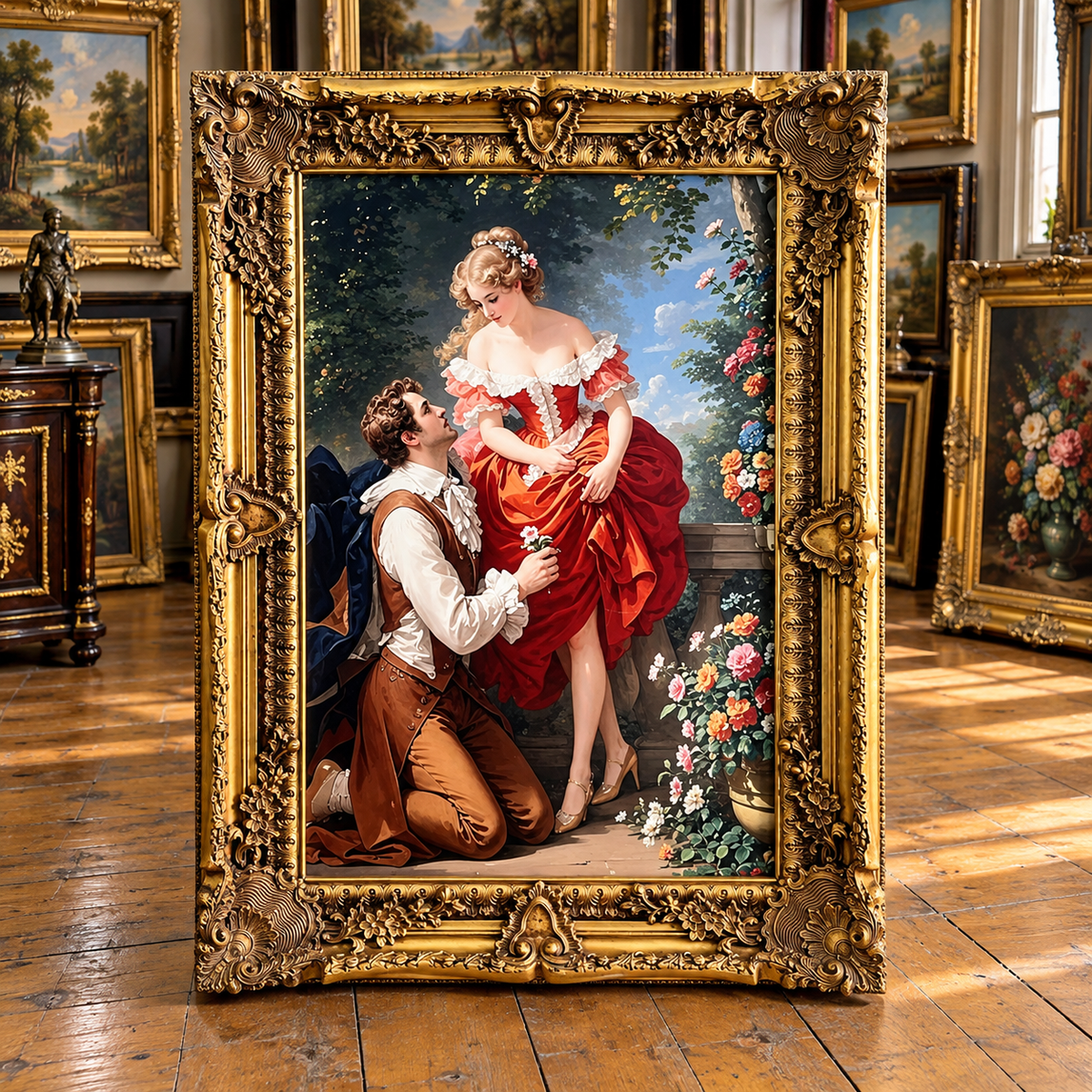 Romantic European Couple Portrait – Ornate Gold Leaf Wood Frame with Elegant Lovers in a Garden
