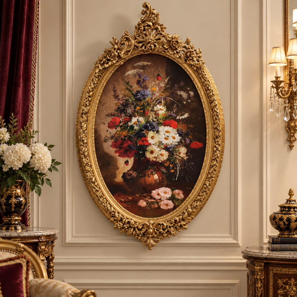 Ornate French Louis XVI Floral Wall Panel – Oval Decorative Artwork with Gilded Gold Leaf Frame