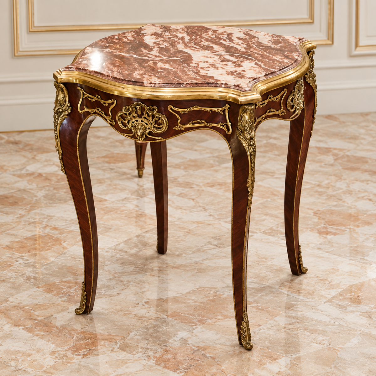 French-Style Marble Accent Table – Multicolor Stone Top with Ornate Gilded Bronze Details