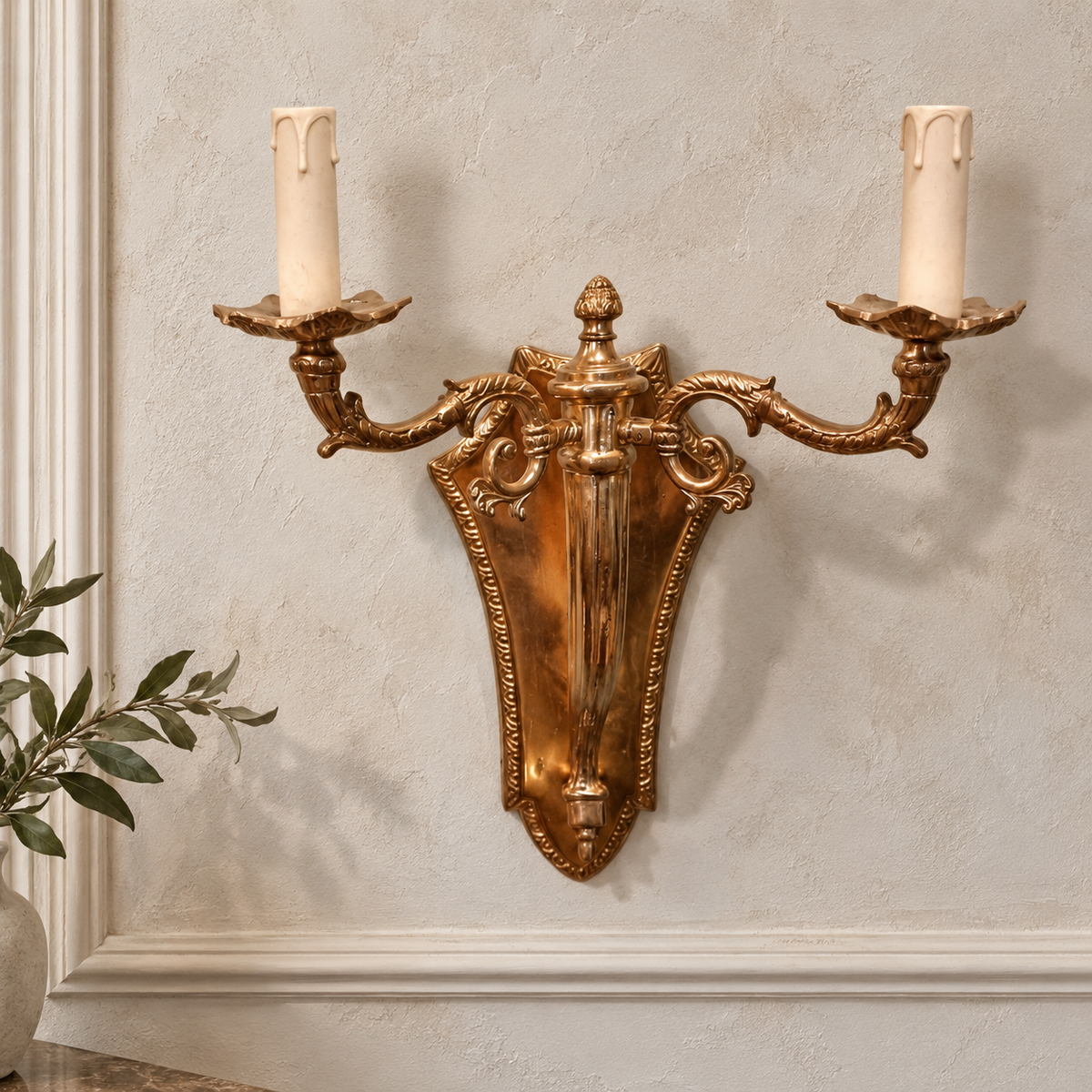 Opulent Gilded Bronze Wall Sconce – Two Candle-Style Lights with Rococo Floral Details