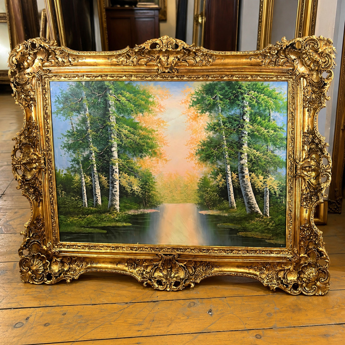 Grand Landscape Wall Art – Scenic Woodland Painting with Ornate Gold Leaf Frame