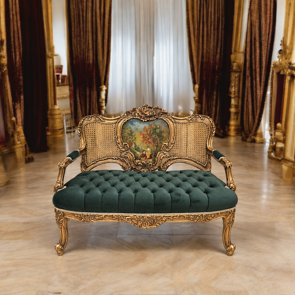 French Louis XV Style Green Velvet Sofa – Deep Tufting & Hand-Finished Gold Leaf Details