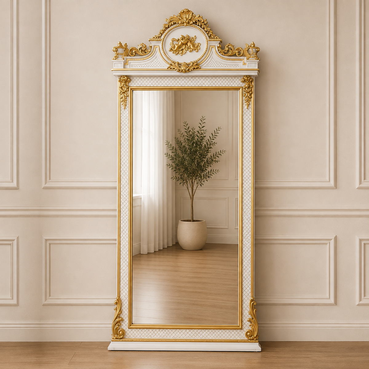 Luxury French Neoclassical Floor Mirror – White & Gold Leaf Frame with Ornate Decorative Pediment